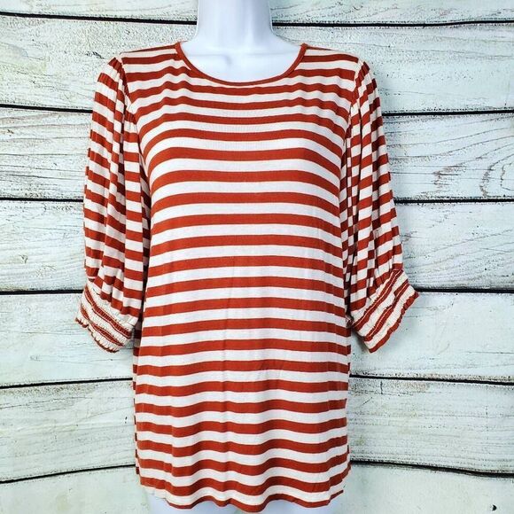 Vine & Love Rust White Striped Puff Sleeve Top Women’s Size M - Picture 1 of 7